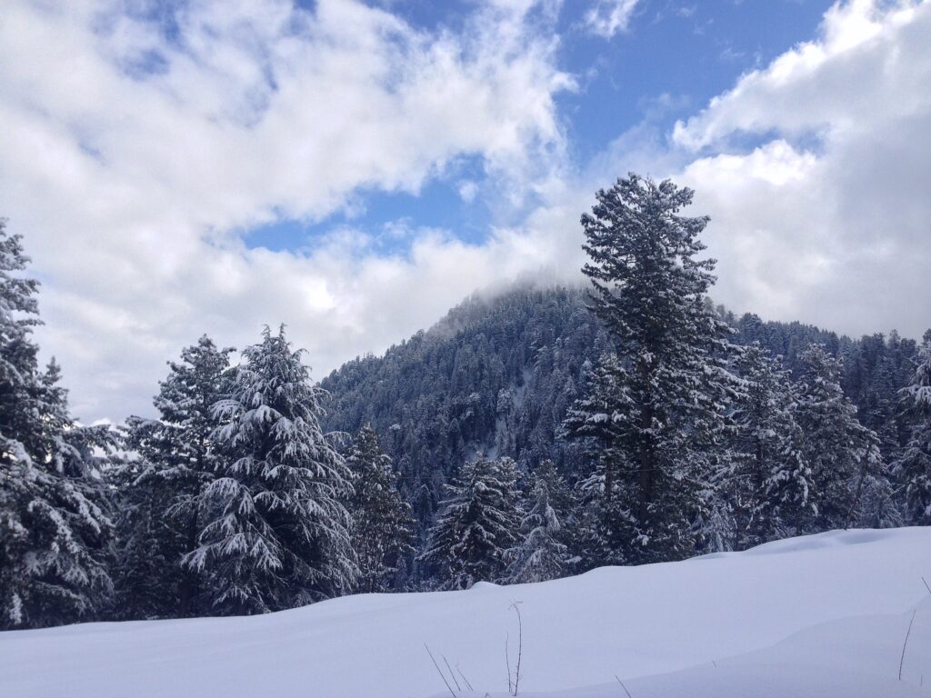 Winter landscape Shogran Kaghan Valley Pakistan snow-covered meadows and hotel in distance